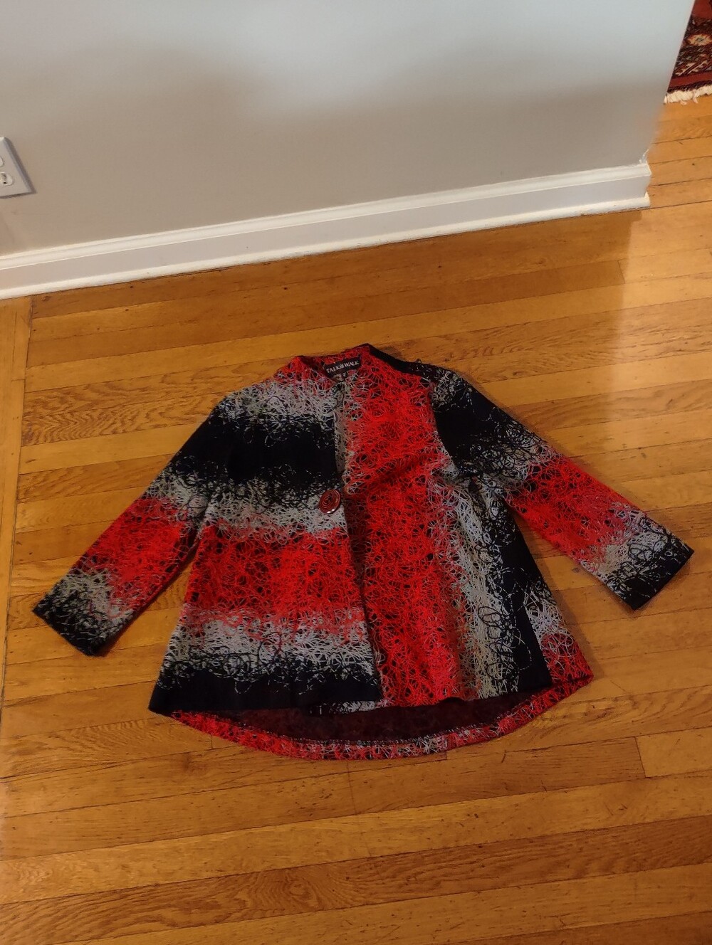 black, grey, and red abstract scribble pattern whimsical blazer talk of the walk